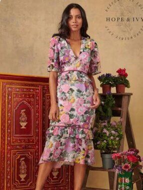 NWT Hope & Ivy Burgundy Pink Floral Midi Dress Wedding  Flutter Sleeve US 14